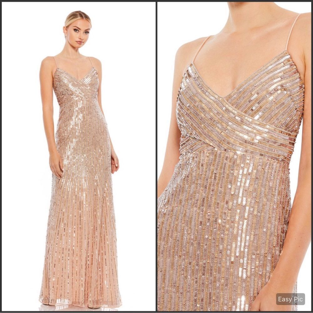 NWT Mac Duggal 10817 Size 14 Spaghetti Strap Sequin Long Gown Dress Gold